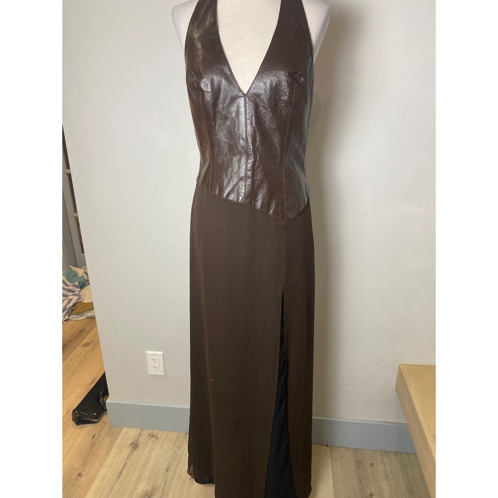 Del Rosario Vintage Y2K Leather Silk Halter Maxi Dress Brown Side Slit Size 10
